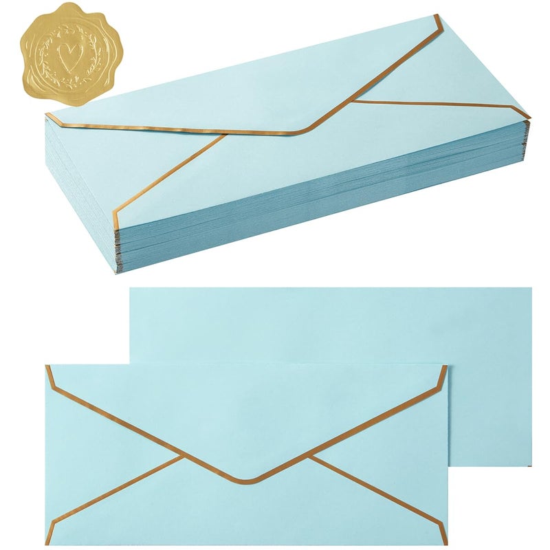 Topeen 50 Pack #10 Business Envelopes with Gold Border, Self Seal Standard Envelopes with Gold Stickers for Office, Checks, Letter Mailing, Invoices, 4 1/8 x 9 1/2 Inches (Light Blue) - Image 1